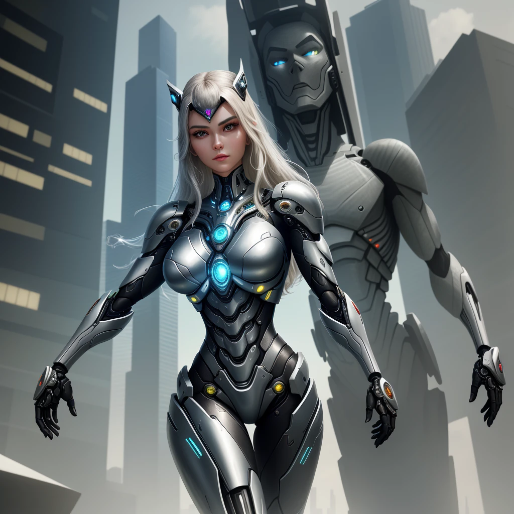 In a futuristic world where technology and biology merge, a stunning-looking and realistic cyborg stands out. With her polished metallic skin, biomechanical adornments and bright eyes, she embodies the harmony between human nature and technological ingenuity. The image captures her captivating expression, combining the strength of a cybernetic being with the elegance of a female figure. In the background, futuristic cityscapes echo its modern and dynamic essence, while reflections of light and shadows enhance every meticulously crafted detail. The high definition of the image allows you to explore the cyborg with clarity, revealing the complexities of the fusion between the organic and the mechanical, and leaving you in awe of the transcendental beauty of this entity of the future.