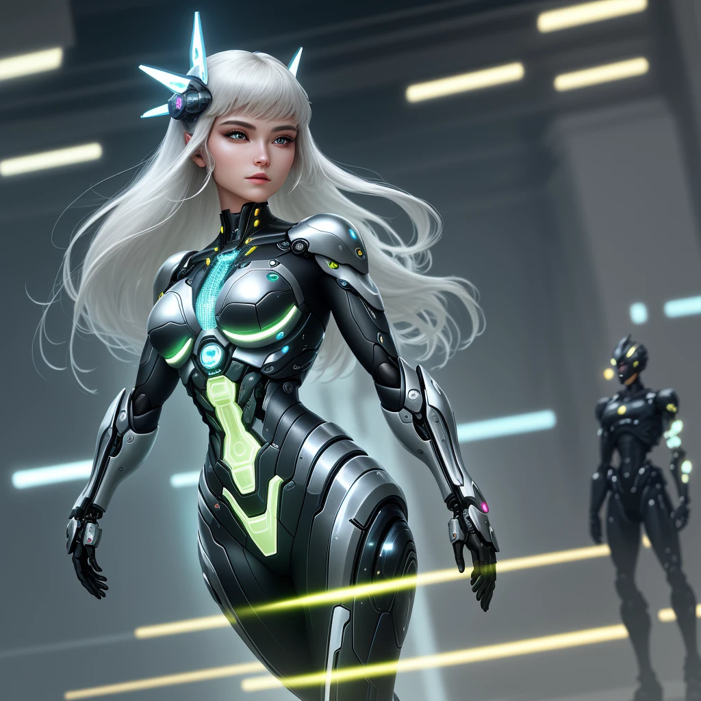 In a futuristic world where technology and biology merge, a stunning-looking and realistic cyborg stands out. With her polished metallic skin, biomechanical adornments and bright eyes, she embodies the harmony between human nature and technological ingenuity. The image captures her captivating expression, combining the strength of a cybernetic being with the elegance of a female figure. In the background, futuristic cityscapes echo its modern and dynamic essence, while reflections of light and shadows enhance every meticulously crafted detail. The high definition of the image allows you to explore the cyborg with clarity, revealing the complexities of the fusion between the organic and the mechanical, and leaving you in awe of the transcendental beauty of this entity of the future.
