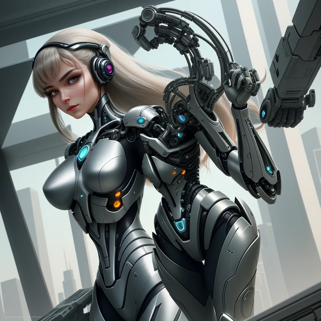 In a futuristic world where technology and biology merge, a stunning-looking and realistic cyborg stands out. With her polished metallic skin, biomechanical adornments and bright eyes, she embodies the harmony between human nature and technological ingenuity. The image captures her captivating expression, combining the strength of a cybernetic being with the elegance of a female figure. In the background, futuristic cityscapes echo its modern and dynamic essence, while reflections of light and shadows enhance every meticulously crafted detail. The high definition of the image allows you to explore the cyborg with clarity, revealing the complexities of the fusion between the organic and the mechanical, and leaving you in awe of the transcendental beauty of this entity of the future.