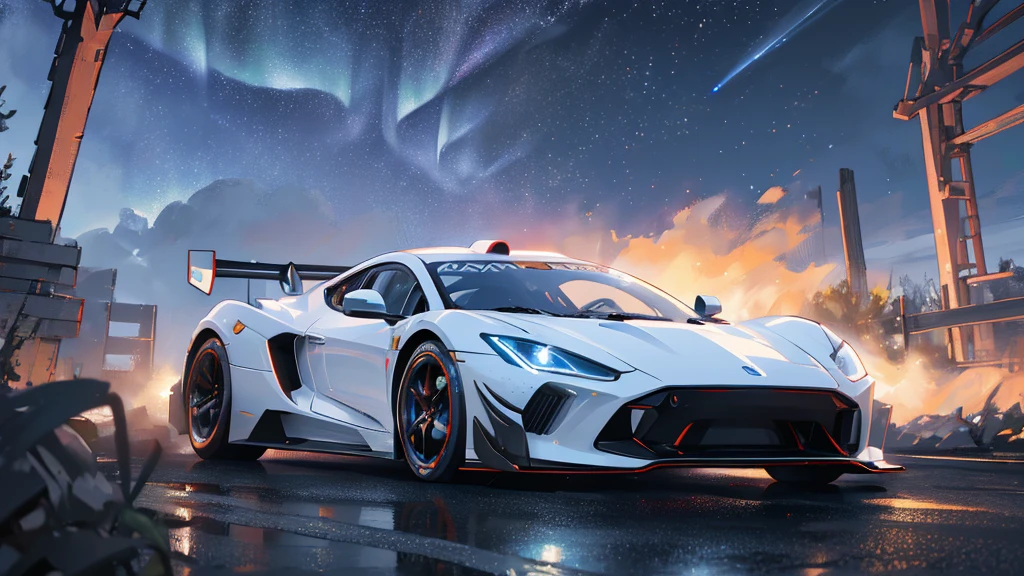 (white supercar, car racing), (starry sky, northern lights), (8k, extremaly detailed, lighting like a movie, lense flares)