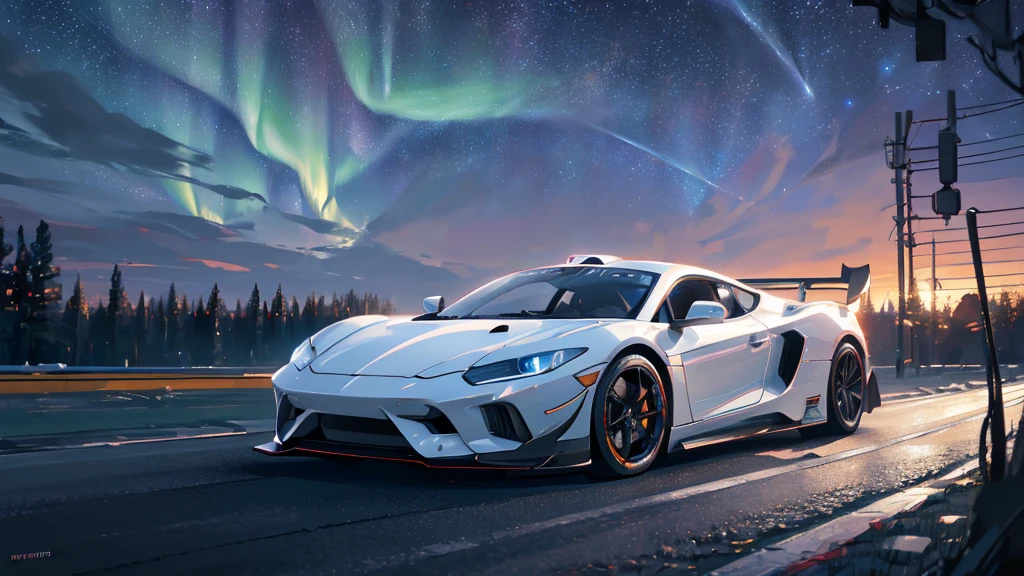 (white supercar, car racing), (starry sky, northern lights), (8k, extremaly detailed, lighting like a movie, lense flares)
