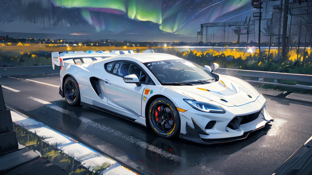 (white supercar, car racing), (starry sky, northern lights), (8k, extremaly detailed, lighting like a movie, lense flares)