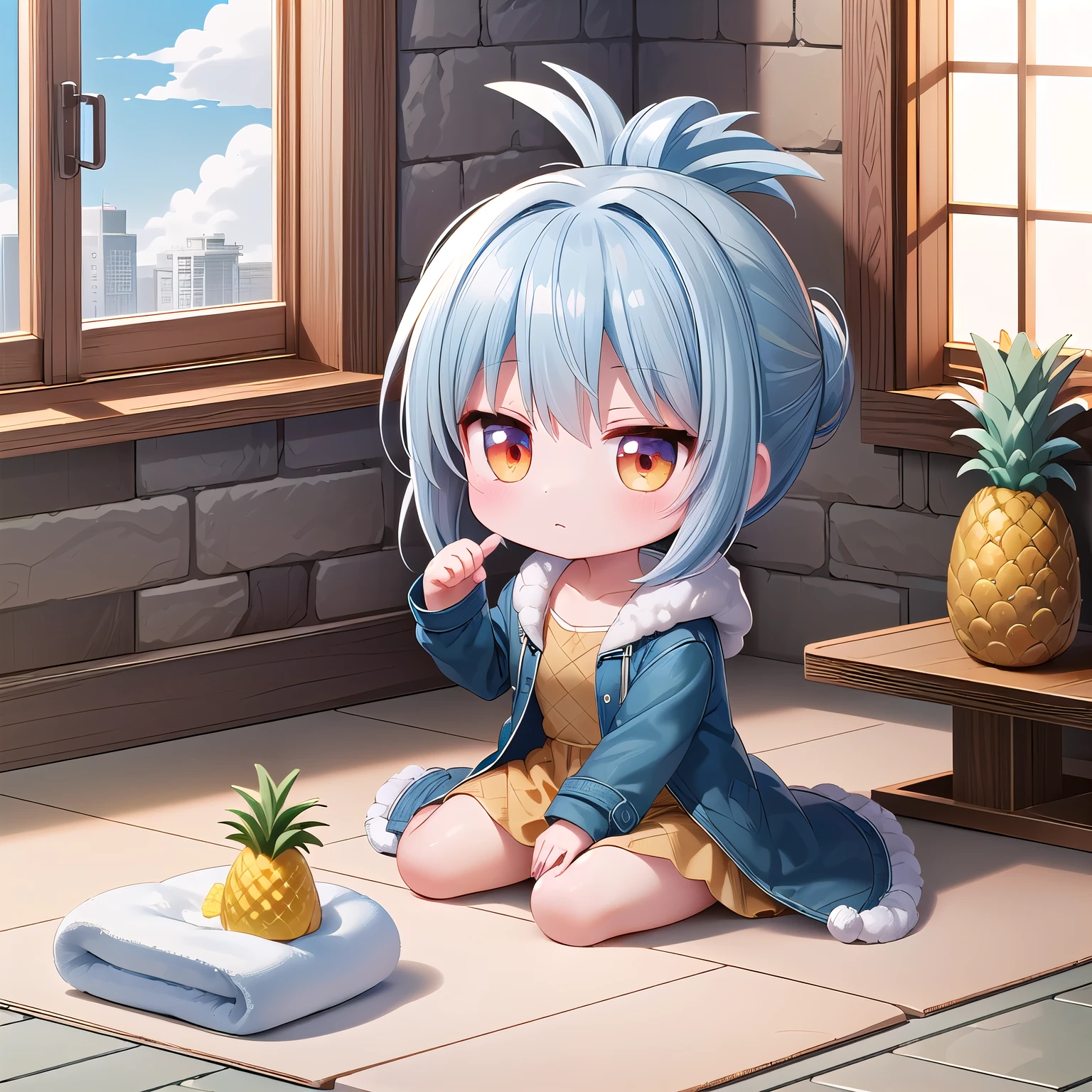 ((Chibi, miniature, REAL, pineapple, 3DCG, Nendoroid, 1 girl: 1.3)) ,(Masterpiece, almond-shaped eyes, glossy white-blue hair, short chignon hair, top quality, carefully drawn fingertips, beautiful anatomy : 1.4), (half body: 1.3), (Red cheeks, indifference, no expression, hair blowing in the wind: 1.2), (Slim and warm clothes, warm denim coat,warm drape long skirt,room slipper,Fluffy one piece,Celebrity Lifestyle: 1.2), (pineapple building,bed,stone wall,Window,stone floor:1.3)
