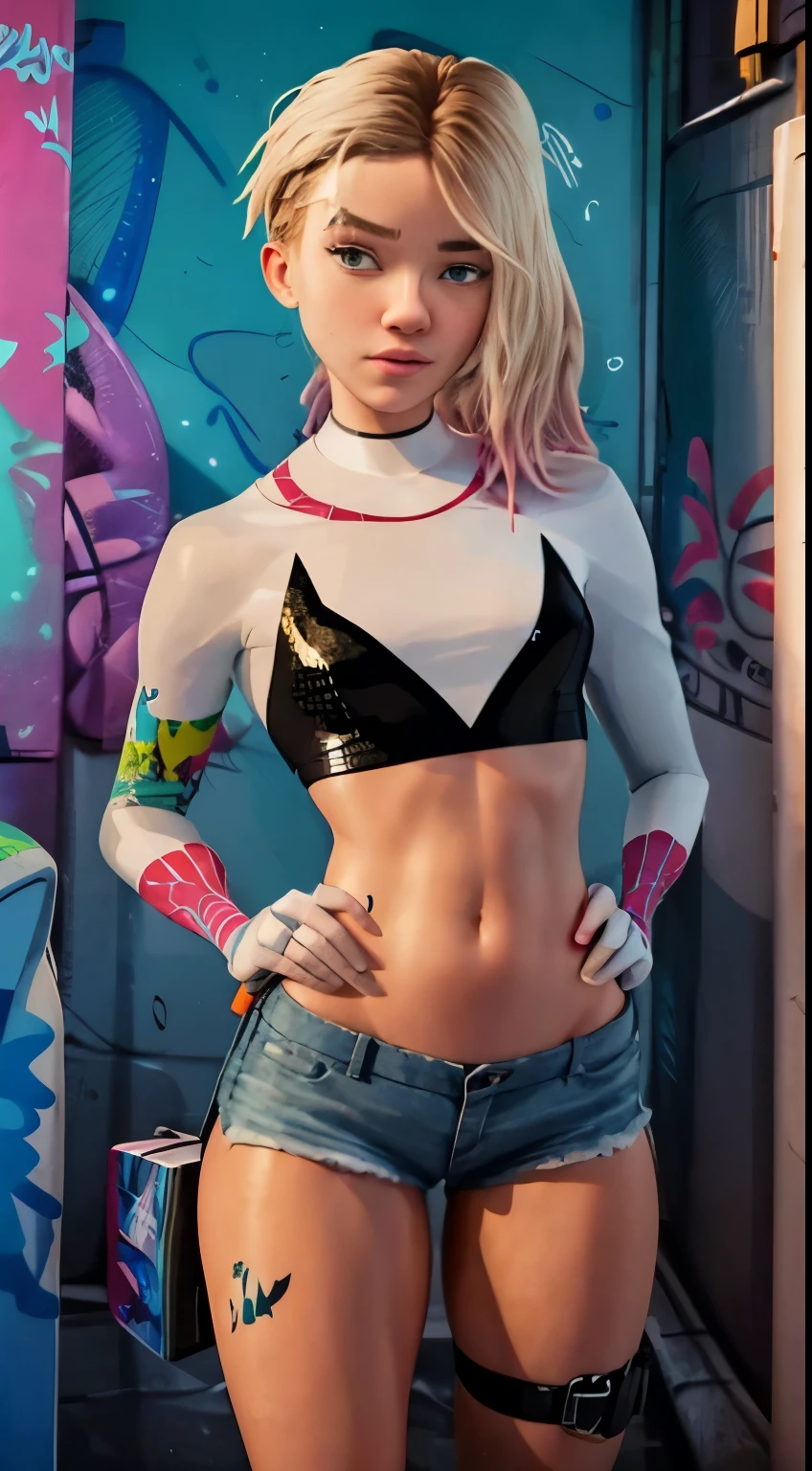 masterpiece, gwen stacy  best quality, 1girl, solo, crop top, denim shorts, choker, (graffiti:1.5), paint splatter, arms behind back, against wall, looking at viewer, armband, thigh strap, paint on body, head tilt, bored, multicolored hair, aqua eyes, headset,