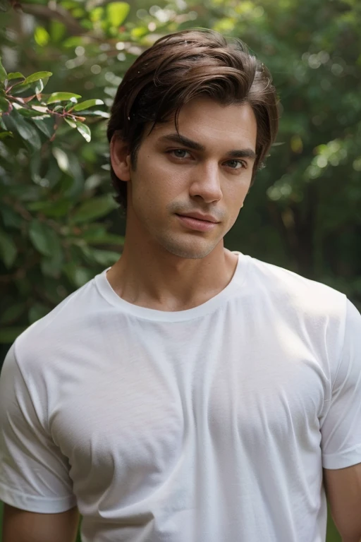 (a man, modeling a white shirt, in a park, for use as mockup),realistic,highres,ultra-detailed,professional,portrait,studio lighting,vivid colors,beautiful detailed eyes,beautiful detailed lips,muscular body,handsome face,natural sunlight,breezy atmosphere,green trees,lush grassy ground,relaxed pose,focused expression,soft shadows,crisp textures,noisy background,perfect fit of the shirt,subtle wrinkles on fabric,slight movement in hair,morning light,serene ambiance