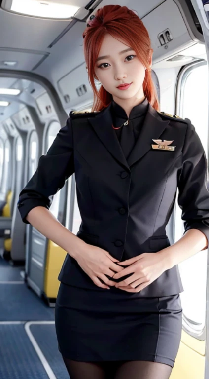 (masterpiece), highest quality, highest quality,  detailed and complex, original,High resolution,(************),very detailed_eye, sexy,chest,(Eyeliner:0.5),(blush:0.5), redhead,Simple diamond earrings,fine skin,  ponytail, view viewer, light smile, finger nails, ((Flight attendant black uniform)), (black pantyhose:1.1), black high heels, Black Short Skirt School Uniform, Carry a suitcase, At the airport(Depth of bounds written:1.1),:0.1,realistic:1.3,(ambient light:1),(cinematic composition:1.3), (highest quality, High resolution, realistic, original, 8K,masterpiece, ),highest quality, masterpiece8K.HDR. Hi-Lib:1.2, film grain, Blurred bokeh:1.2, Lens flare, (Bright colors:1.2), (delicate),シャツのボタンが外れてchestの谷間が見える、