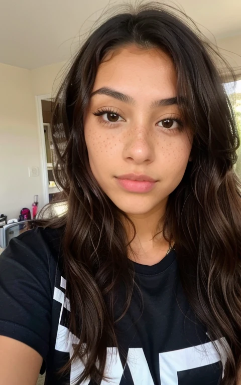 1 mexican girl, Long Wavy Hair, dark brown eyes, , tshirt, freckles, selfie mirror