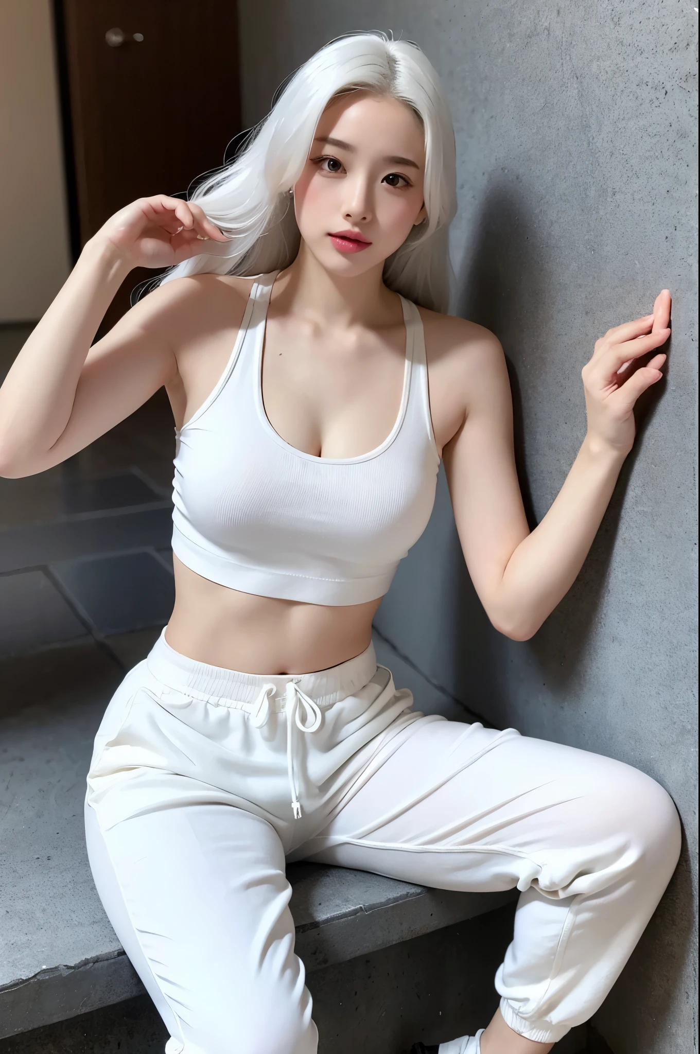 realistic, High resolution, 1 female, glowing skin, alone, wide lips,long hair,wavy hair, hip up,saggy breasts,small face,white hair,Color Contacts,Tank top,Sweat pants,white sneakers,whole body,concrete wall,White tone