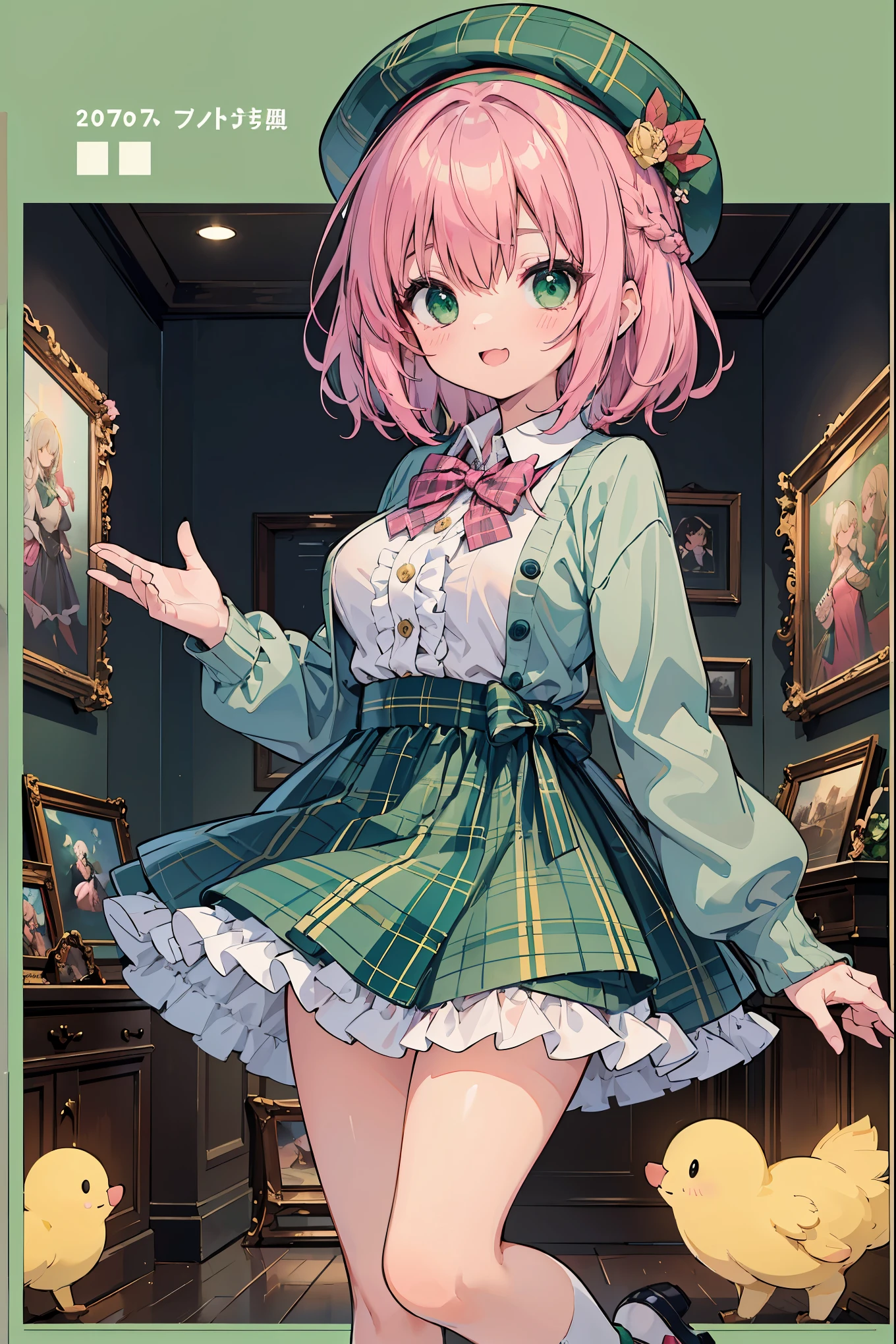 super insane detail、disorganized、ultra high resolution、super detail、highest quality、 1 girl、solo、nice hands、perfect hand-made (Vintage style beret with flower pin:1.3)、(white&pink&dark green plaid dress:1.5)、(Gold buttons on the front:1.2)、(frills、red bow tie、mint green blouse:1.4)、(peach cardigan、cable knit patterns:1.3)、(pinkタイツデニール２０:1.1)、(mint green mary jane shoes:1.2) best smile、open your mouth、wave your mouth、 あざといcuteポーズ、cowboy shot、slender、Look straight ahead with shining eyes、cute、symmetrical face、超cute女の子、超cute顔、Ultra-fine eyes、super cute hair、超cute、Super beautiful、 stylish clothing design、Super famous world heritage museum、exhibition hall、Historic ancient museum、 big breasts、Soft and jiggling breasts、ＢＲＥＡＫ　(medium hair、Braid、silky smooth hair、dark green eyes)、hair between eyes、hair raising pose、Nape of neck