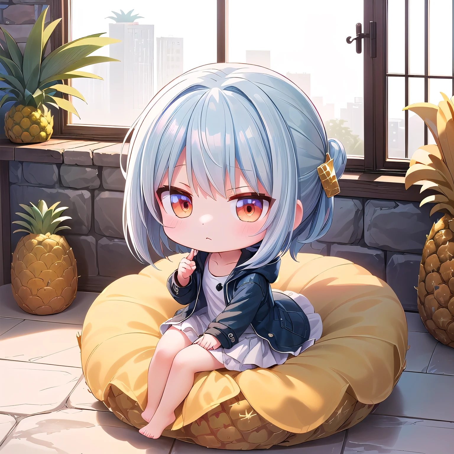 ((Chibi, miniature, REAL, pineapple, 3DCG, Nendoroid, 1 girl: 1.3)) ,(Masterpiece, almond-shaped eyes, glossy white-blue hair, short chignon hair, top quality, carefully drawn fingertips, beautiful anatomy : 1.4), (half body: 1.3), (Red cheeks, indifference, no expression, hair blowing in the wind: 1.2), (Slim and warm clothes, warm denim coat,warm drape long skirt,room slipper,Fluffy one piece,Celebrity Lifestyle: 1.2), (pineapple building,bed,stone wall,Window,stone floor:1.3)