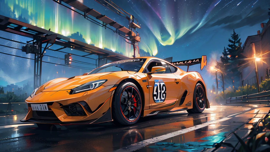 (white supercar, car racing), (starry sky, northern lights), (8k, extremaly detailed, lighting like a movie, lense flares)