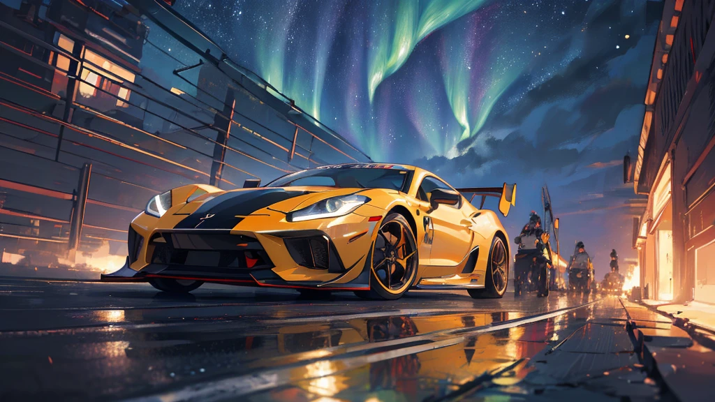 (white supercar, car racing), (starry sky, northern lights), (8k, extremaly detailed, lighting like a movie, lense flares)