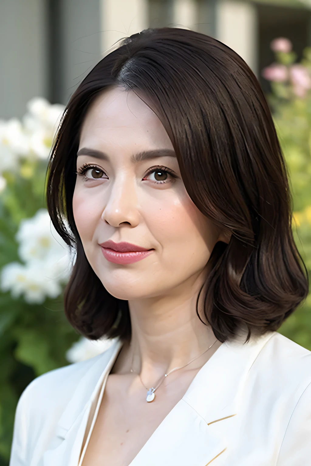 最high quality, In 8K, Masseter muscle part, lively, sharp focus, high quality, High resolution, detailed face, fine eyes, thick lips, (look at the audience), alone, middle-aged women, Beautiful woman, 35 years old, plum, Beautifully styled hair, cleavage, Dresses with fancy patterns, Afternoon in front of the park garden