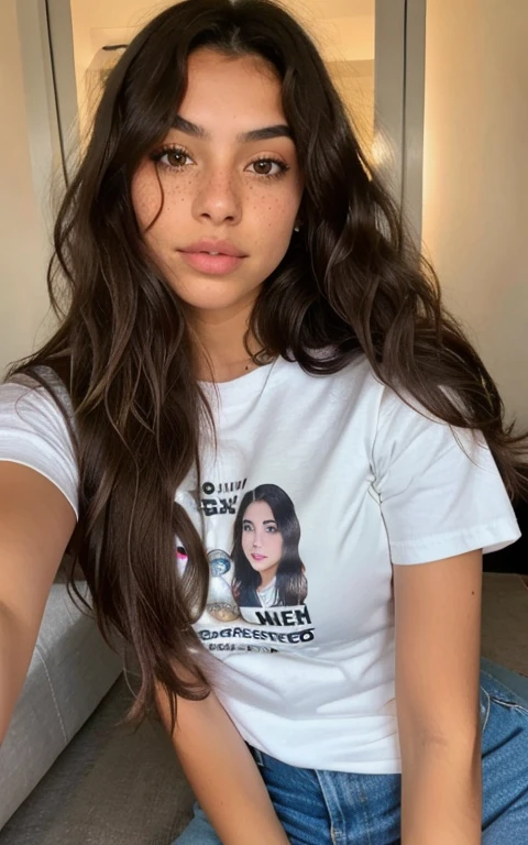 1 mexican girl, Long Wavy Hair, dark brown eyes, teen, tshirt, freckles, late night selfi