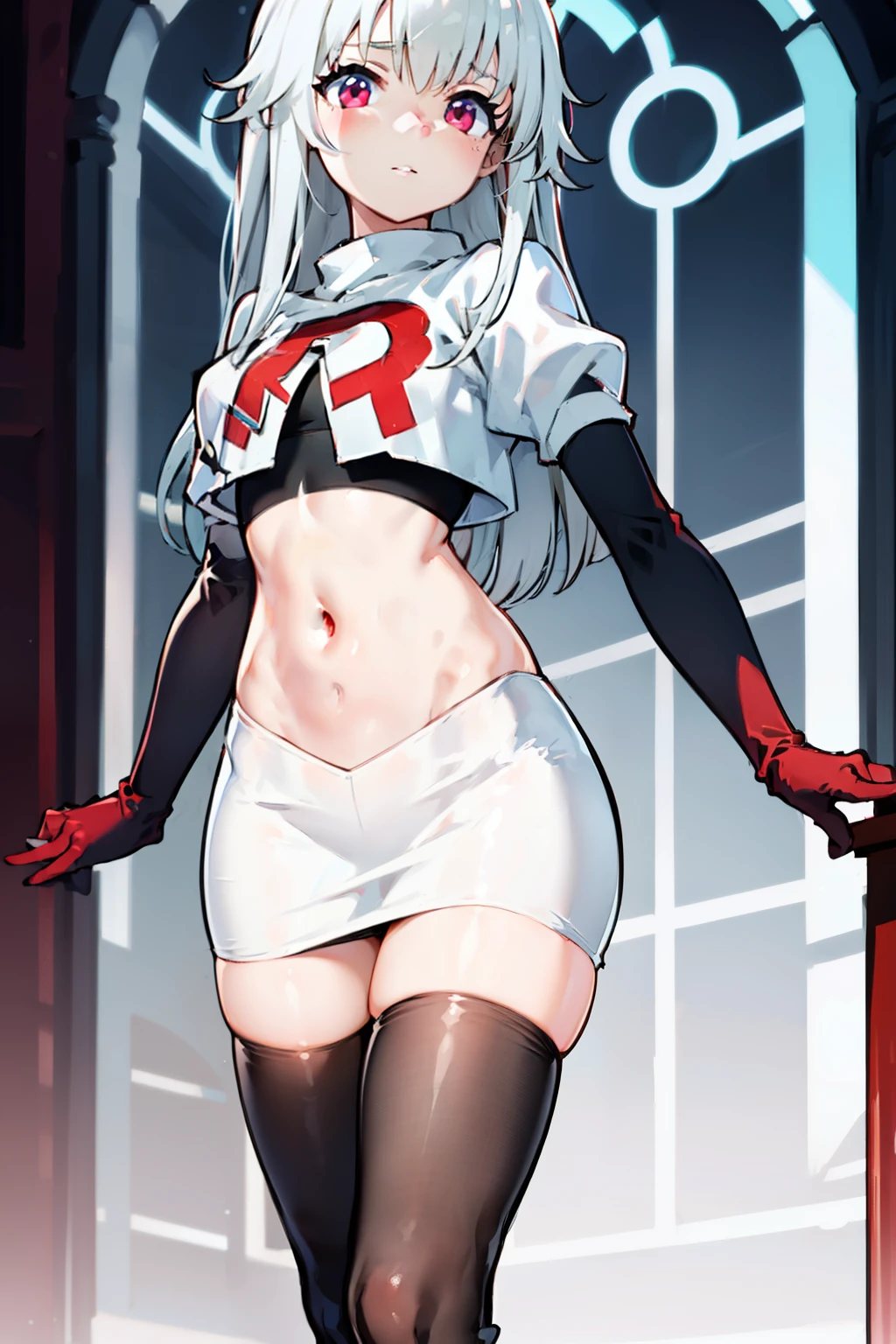 1girl, team rocket,team rocket uniform,white skirt,red letter R,crop top,black thigh-highs,black elbow gloves,