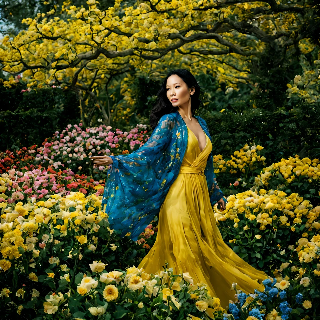 Em um jardim perfumado, The blind woman (Lucy Liu), (28 anos), com um vestido longo Amarelo claro com detalhes em vinho, is standing with her arms outstretched, gently touching the petals of the flowers he finds, conectando-se com a natureza e as doces flores azuis.