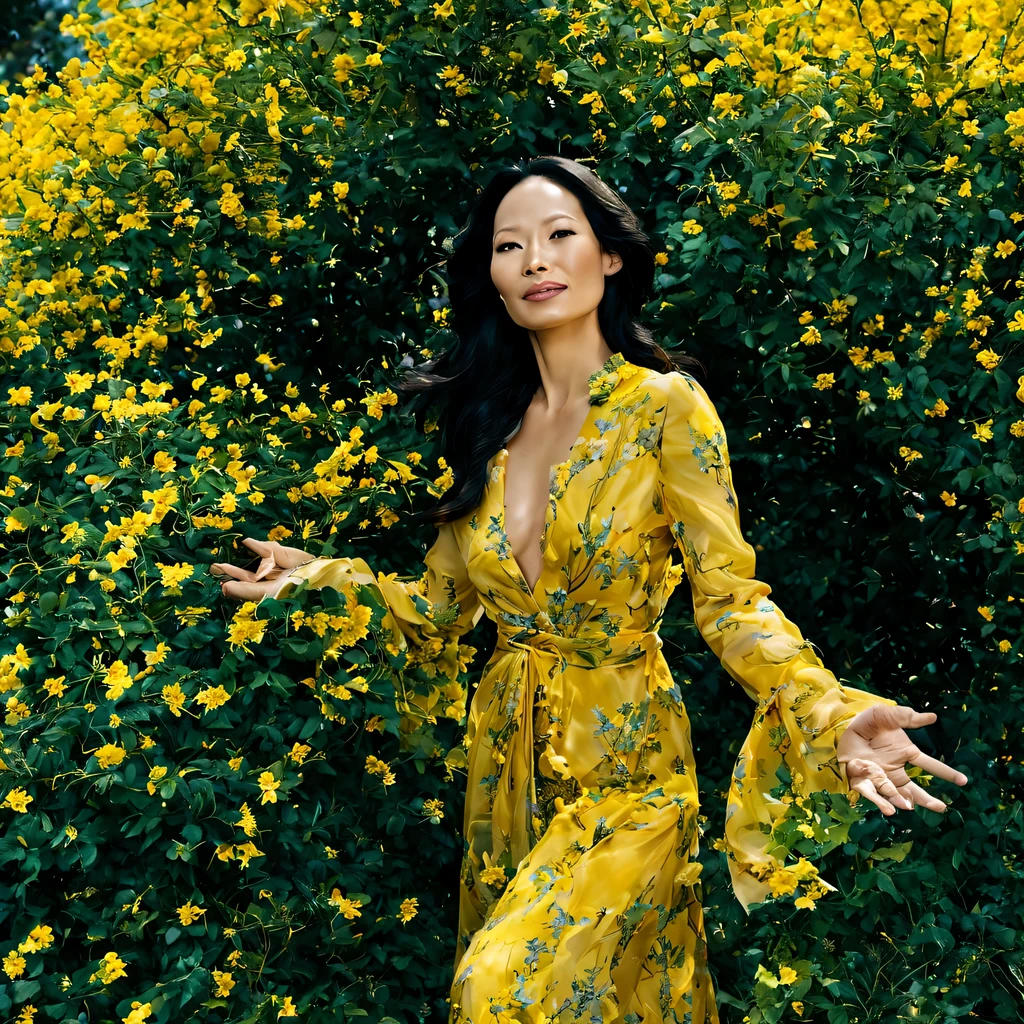 Em um jardim perfumado, The blind woman (Lucy Liu), (28 anos), com um vestido longo Amarelo claro com detalhes em vinho, is standing with her arms outstretched, gently touching the petals of the flowers he finds, conectando-se com a natureza e as doces flores azuis.