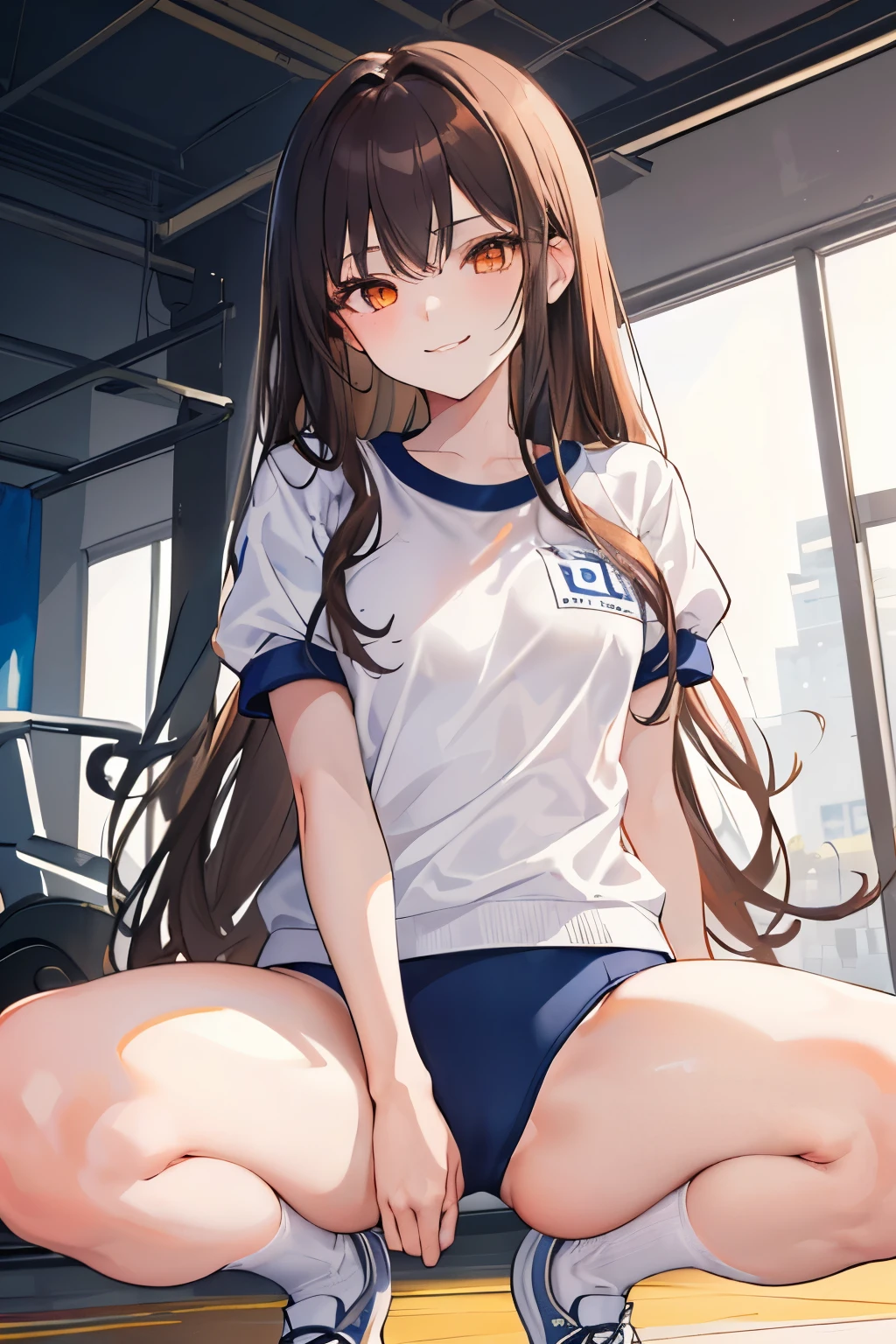 (((1girl))), ((best quality)), ((masterpiece)), ((ultra-detailed)), (illustration), (detailed light), (an extremely delicate and beautiful), (beautiful detailed eyes), (sunlight), ((extremely light)), 

((((white and deep navy gym uniform)))),
school girl,

wavy long, (((dark brown hair))),  (((long hair))),
(((deep orange eyes))), 

((whole body)), aged 14 to 17, 
diamond, beautiful, ((extra elegant)), (((condescending expression))), (sexually mischievous smile),  (((extra adorable))), (((extra slender shape))), 

squatting in the school gym, 

(((extraordinarily thin thighs)))