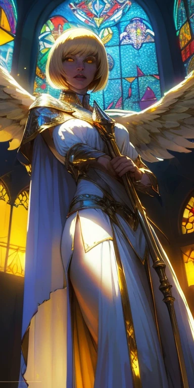 low angle, from below, paladin templar lady in white tabard, legwear, glowing yellow eyes, collar, golden chainmail, wide hips, barefoot, angel wings, pauldrons, halo, bob cut, blonde, eye focus, red cape, temple indoors, decorations, stained glass windows, night, particles, chromatic aberration, detailed, cinematic, dark scene, fantasy
