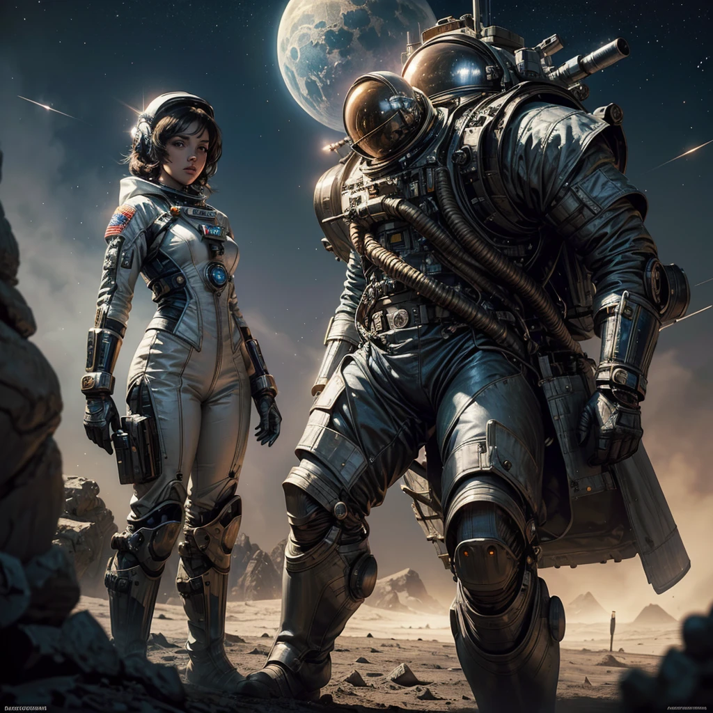 an epic scene,on the moon, A beautiful female Steampunk Astronaut is in front her moonrover on the moon,the earth is at the sky,photorealistic, ultrarealistic, high detailed, by Greg rutkowski and jean ansell ,shiny, she wear an astronaut suit with helmet different modelpositions, soviet,