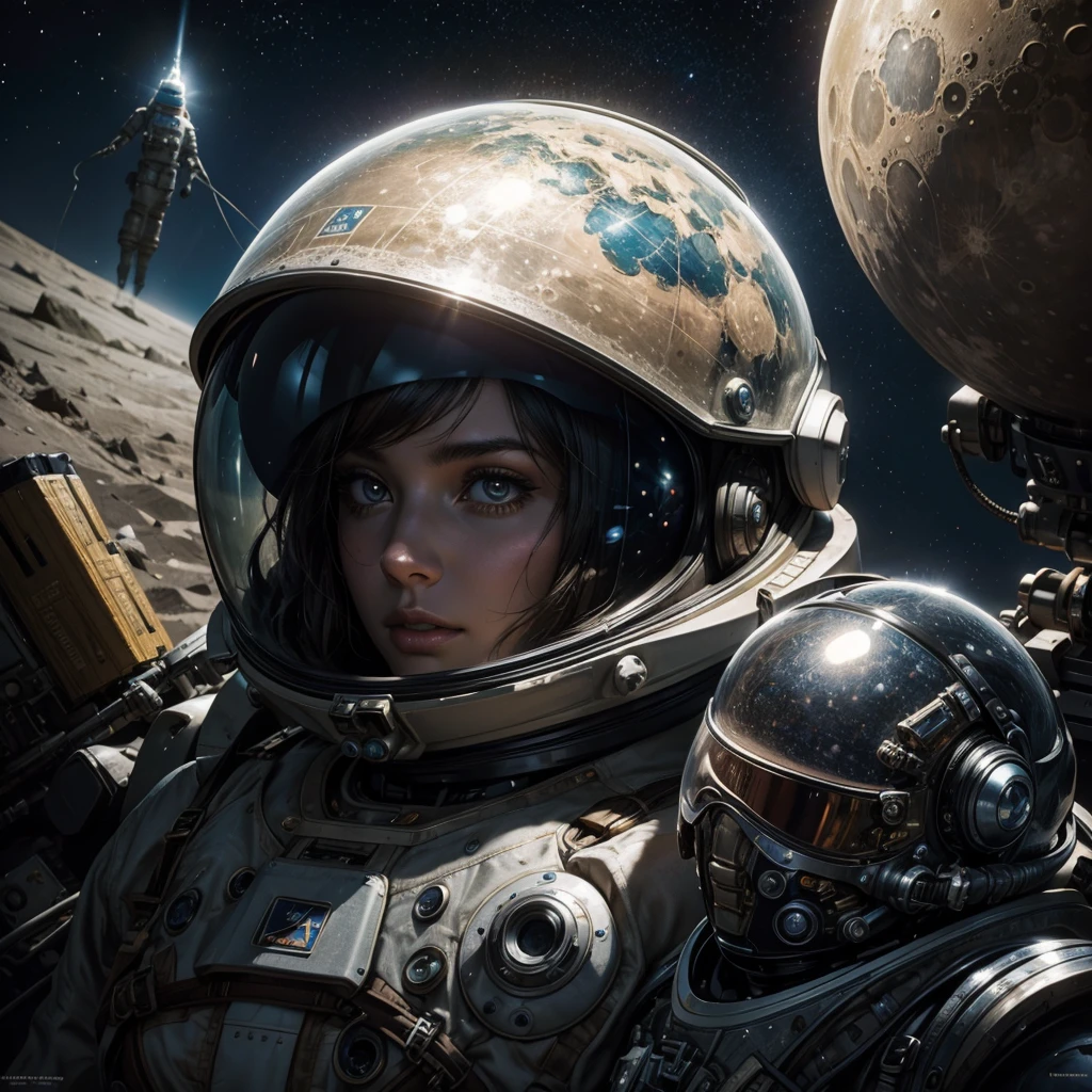 an epic scene,on the moon, A beautiful female Steampunk Astronaut is in front her moonrover on the moon,the earth is at the sky,photorealistic, ultrarealistic, high detailed, by Greg rutkowski and jean ansell ,shiny, she wear an astronaut suit with helmet different modelpositions, soviet,