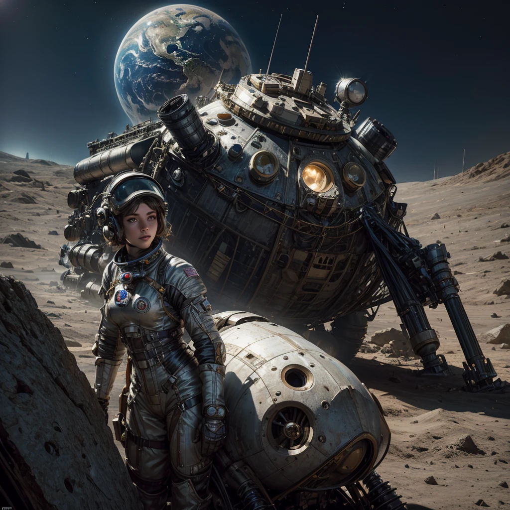 an epic scene,on the moon, A beautiful female Steampunk Astronaut is in front her moonrover on the moon,the earth is at the sky,photorealistic, ultrarealistic, high detailed, by Greg rutkowski and jean ansell ,shiny, she wear an astronaut suit with helmet different modelpositions, soviet,