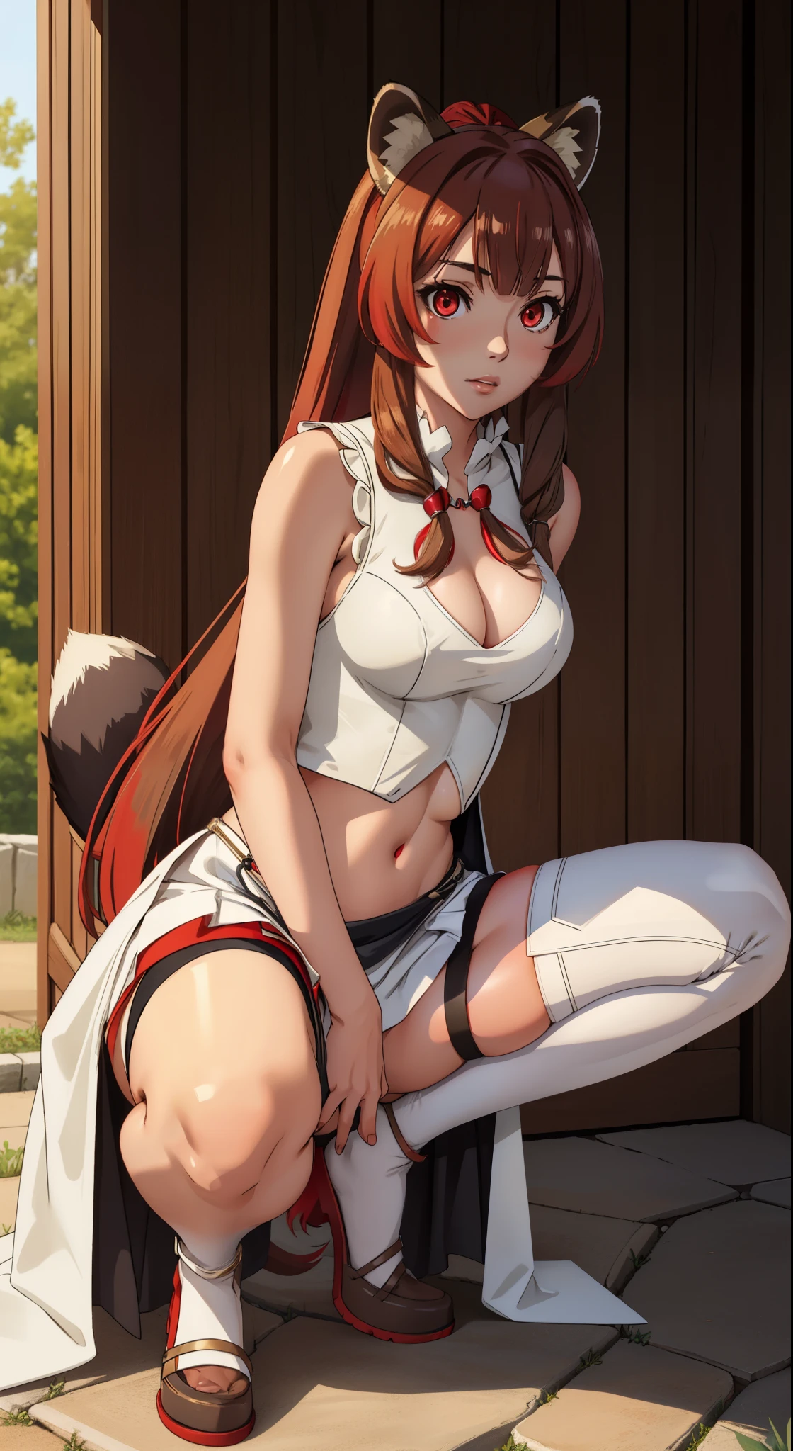(masterpiece, highest quality), intricate details,
1 girl, Raphtalia, white dress、sexy,squatting down、Spread your legs and show off your panties、White Sleeveless Mini Skirt Separate Leather Bodysuit、beautiful thighs、beautiful navel、beautiful features、ponytail、spread legs,show white panties,animal ears, brown hair, long hair, raccoon ears, a racoon girl, raccoon tail, (red eyes:1.5), tail,
Hestia Cosplay, rei no himo,