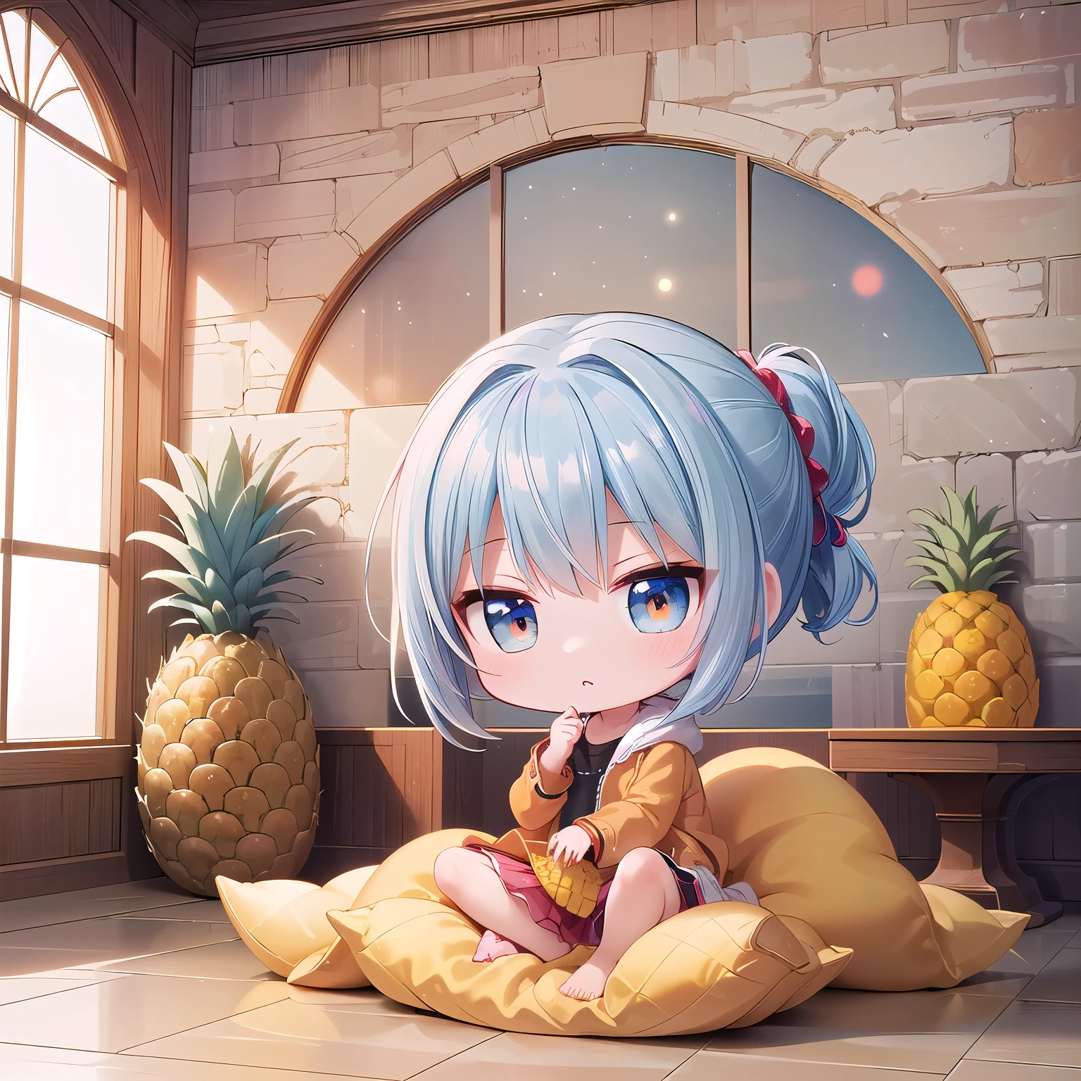 ((Chibi, miniature, REAL, pineapple, 3DCG, Nendoroid, 1 girl: 1.3)) ,(Masterpiece, almond-shaped eyes, glossy white-blue hair, short chignon hair, top quality, carefully drawn fingertips, beautiful anatomy : 1.4), (half body: 1.3), (Red cheeks, indifference, no expression, hair blowing in the wind: 1.2), (Slim and warm clothes, warm denim coat,warm drape long skirt,room slipper,Fluffy one piece,Celebrity Lifestyle: 1.2), (pineapple building,bed,stone wall,Window,stone floor:1.3)
