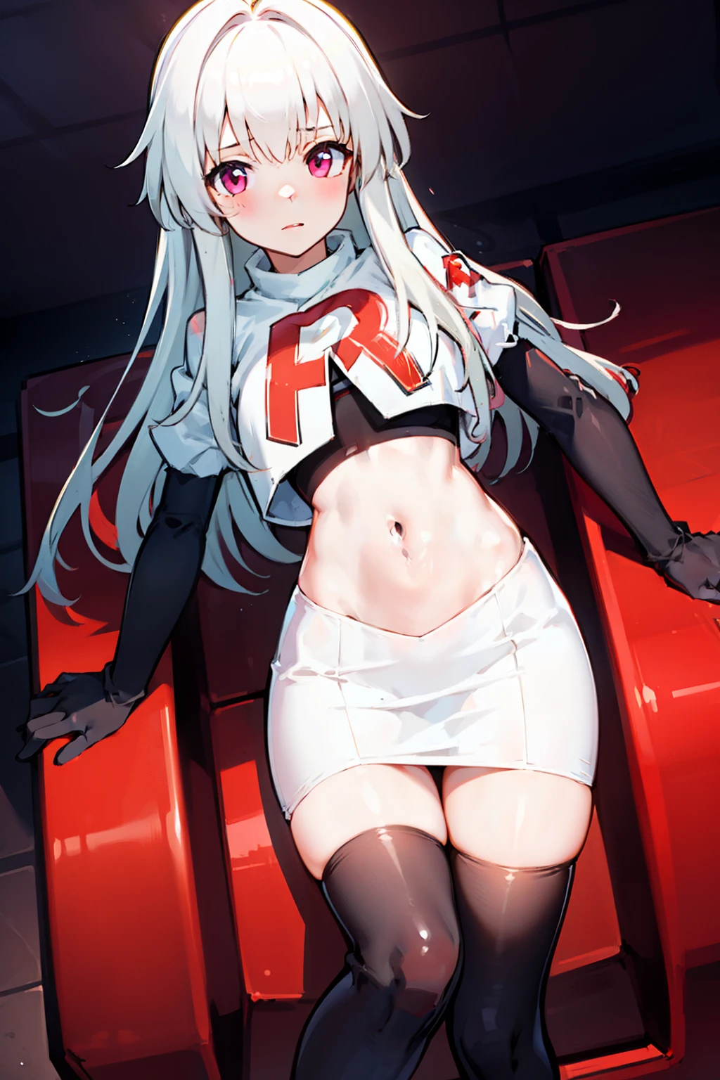 1girl, team rocket,team rocket uniform,white skirt,red letter R,crop top,black thigh-highs,black elbow gloves,