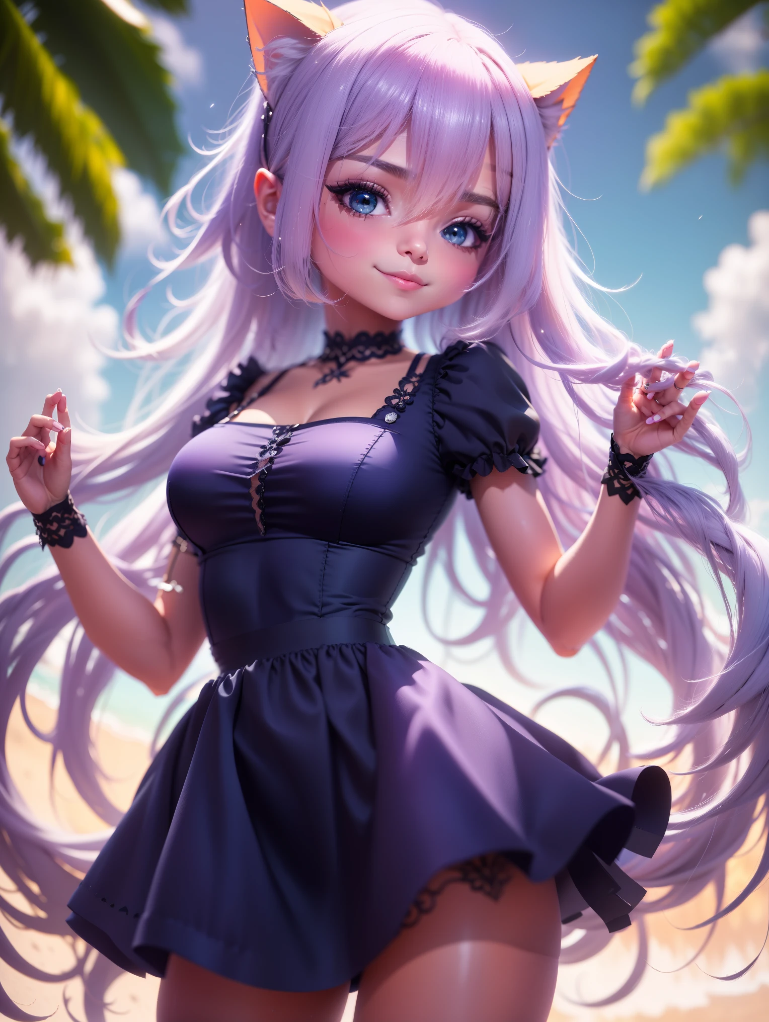 (obra-prima), (melhor qualidade), (ultra-detalhado), (corpo inteiro: 1.2), mulher, adolescente, universo de fantasia, vestido leve e detalhado, sorriso claro, corpo inteiro, :3, roupas, princesa, cabelo tons verde, lilac and blue, fundo tom pastel e simples.