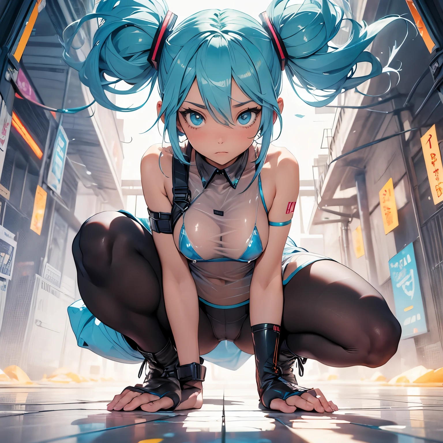 (quality)), ((masterpiece)), Recommended resultsluffly、(see through:1.5)、whole body 、Swollen nipples,straighten your back、huge bust、angle to floor:1.2、low camera angle、Hair loss on crotch、Whole body facing the camera,Hair can be seen on the crotch,Hatsune Miku,naruto