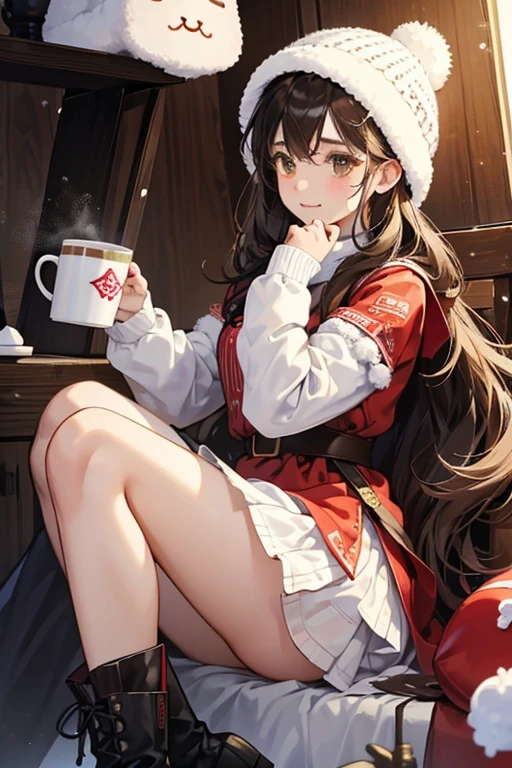 Cocoa Cookie is a Cookie of average height. She has long brown hair that reaches below her waist and with bangs slightly covering her face. This hair, from its shine to flowing design, is meant to mirror in appearance her namesake: the liquid one would find in a hot cup of cocoa. Her dough is brown, and she has brown eyes with a single short eyelash on each. While hard to tell at first glance due to her silhouette, it can be seen in various animations that she is quite slim under her clothes.
Her choice of clothes is one fitting for winter and cold weather. She is wearing a marshmallow hat on her head, possibly inspired by Russian ushanka-hats, and a long winter dress that reaches just above her feet, adorned all around its lower border with red triangles and a brown squiggly line. This dress can also be seen as referencing marshmallows in terms of its silhouette, giving her a fuller look. What she is wearing on her legs is unknown, but one can see black boots or shoes right under her dress. Finally, to wrap herself up, she is wearing what seems to be a winter fur shawl under which she keeps her arms most of the time.
Cocoa Cookie is always holding her mug with hot cocoa. The mug is colored red and is adorned with two green lines that go around the cup, one on top and one on the bottom, with a snowflake placed between the lines, and its handle is white with red stripes, much like generic Christmas candy canes. The mug is filled to the brim with cocoa at any given time, no matter how much Cocoa Cookie is shown to drink from it. Her Affection Jelly description from OvenBreak implies that this mug is just one of many identical mugs she owns.
When using her skill, Cocoa Cookie’s mug grows to a massive size, allowing her to ride on it from inside. The giant mug has a very similar design to the small mug, except the red and green sections now have a more subtle snowflake pattern, and the original snowflake has been replaced by a happy, relaxed face. GLITTER, JELLY