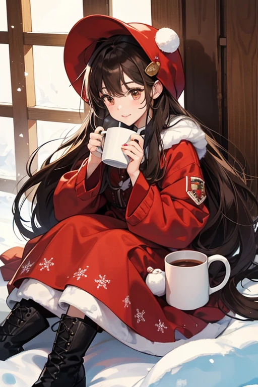Cocoa Cookie is a Cookie of average height. She has long brown hair that reaches below her waist and with bangs slightly covering her face. This hair, from its shine to flowing design, is meant to mirror in appearance her namesake: the liquid one would find in a hot cup of cocoa. Her dough is brown, and she has brown eyes with a single short eyelash on each. While hard to tell at first glance due to her silhouette, it can be seen in various animations that she is quite slim under her clothes.
Her choice of clothes is one fitting for winter and cold weather. She is wearing a marshmallow hat on her head, possibly inspired by Russian ushanka-hats, and a long winter dress that reaches just above her feet, adorned all around its lower border with red triangles and a brown squiggly line. This dress can also be seen as referencing marshmallows in terms of its silhouette, giving her a fuller look. What she is wearing on her legs is unknown, but one can see black boots or shoes right under her dress. Finally, to wrap herself up, she is wearing what seems to be a winter fur shawl under which she keeps her arms most of the time.
Cocoa Cookie is always holding her mug with hot cocoa. The mug is colored red and is adorned with two green lines that go around the cup, one on top and one on the bottom, with a snowflake placed between the lines, and its handle is white with red stripes, much like generic Christmas candy canes. The mug is filled to the brim with cocoa at any given time, no matter how much Cocoa Cookie is shown to drink from it. Her Affection Jelly description from OvenBreak implies that this mug is just one of many identical mugs she owns.
When using her skill, Cocoa Cookie’s mug grows to a massive size, allowing her to ride on it from inside. The giant mug has a very similar design to the small mug, except the red and green sections now have a more subtle snowflake pattern, and the original snowflake has been replaced by a happy, relaxed face. GLITTER, JELLY