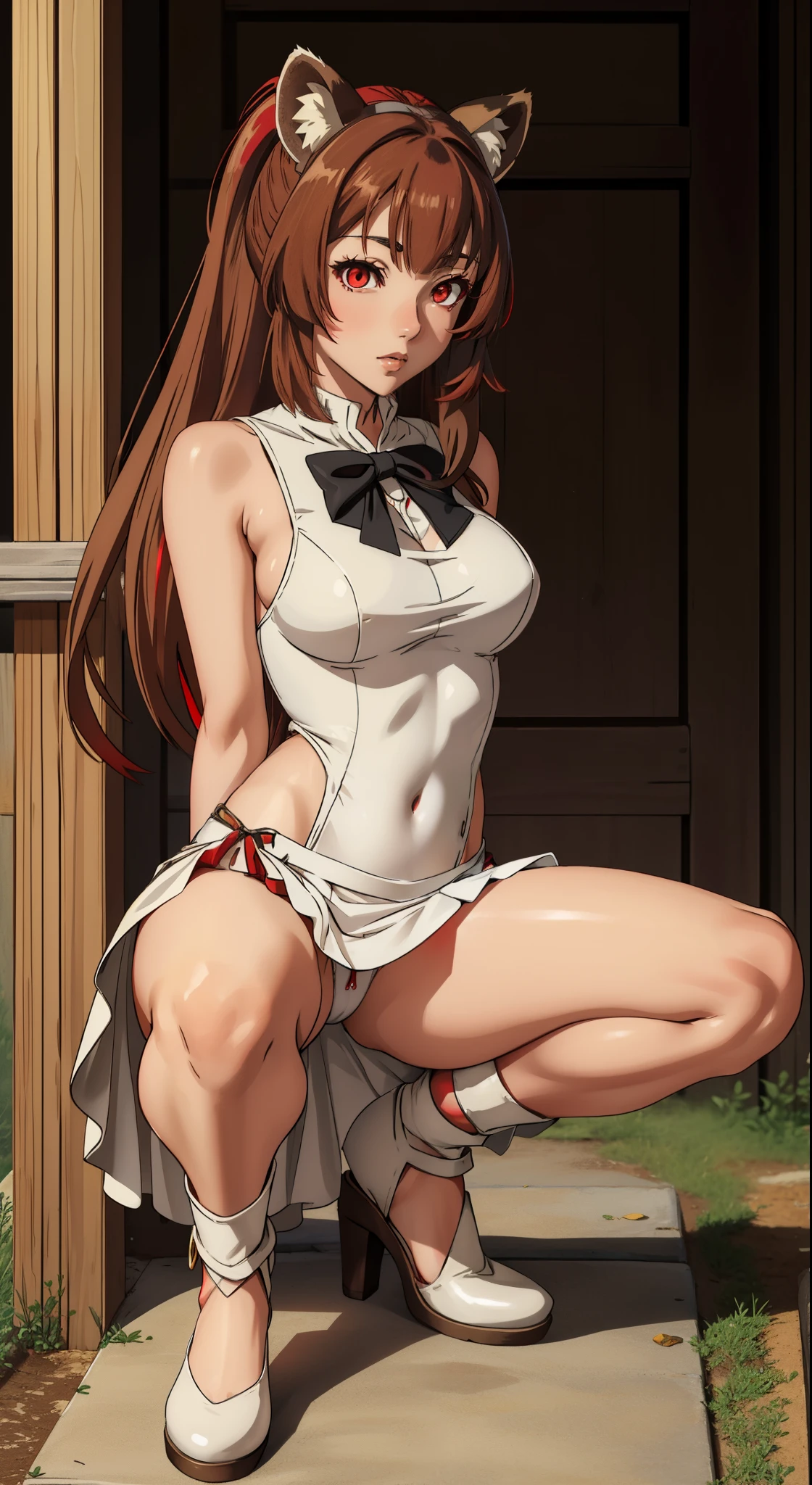 (masterpiece, highest quality), intricate details,
1 girl, Raphtalia, white dress、sexy,squatting down、Spread your legs and show off your panties、White Sleeveless Mini Skirt Separate Leather Bodysuit、beautiful thighs、beautiful navel、beautiful features、ponytail、spread legs,show white panties,animal ears, brown hair, long hair, raccoon ears, a racoon girl, raccoon tail, (red eyes:1.5), tail,
Hestia Cosplay, rei no himo,