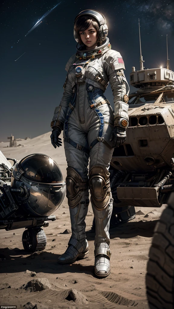 an epic scene,on the moon, A beautiful female Steampunk Astronaut is in front her moonrover on the moon,the earth is at the sky,photorealistic, ultrarealistic, high detailed, by Greg rutkowski and jean ansell ,shiny, she wear an astronaut suit with helmet different modelpositions, soviet,