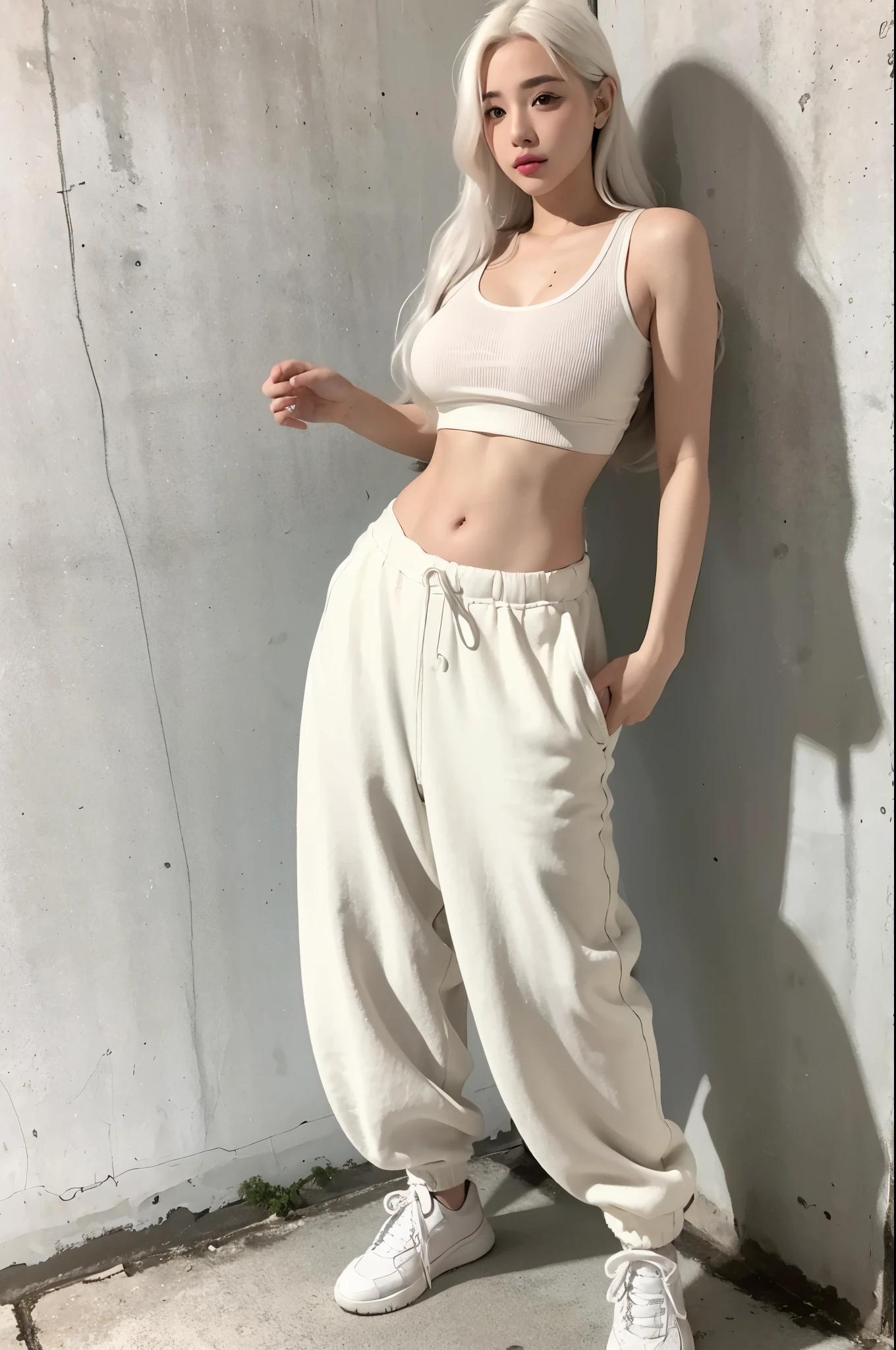 realistic, High resolution, 1 female, glowing skin, alone, wide lips,long hair,wavy hair, hip up,saggy breasts,small face,white hair,Color Contacts,Tank top,Sweat pants,white sneakers,whole body,concrete wall,white background,