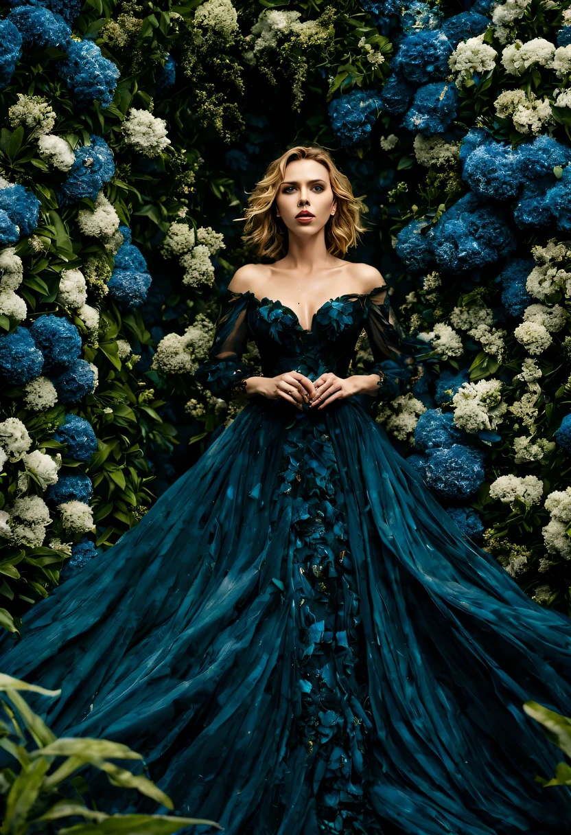 Em um jardim perfumado, The blind woman (Scarlett Johansson), (25 anos), com um vestido longo Preto claro com detalhes em flores, is standing with her arms outstretched, gently touching the petals of the flowers he finds, conectando-se com a natureza e as doces flores azuis.