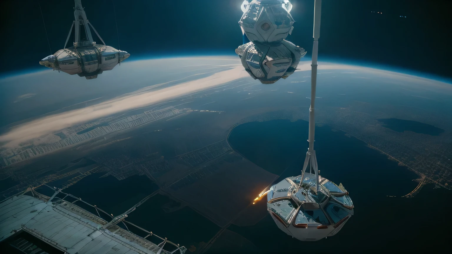 (((internal structure of a spaceship, aerial boxes))) cyberpunk, high tech modern architecture, people cheering (from the aerial stands), unbridled commotion, madness, celebration, exaltation, analog photography with sensitive grain film, fair exposure causes the effect of lethargy, lights and shadows emphasize