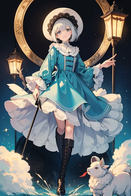 Cotton Cookie is a short Cookie with pale off-white dough and a small frame. She has short white hair styled in a bob with asymmetrical bangs shrouded by an oversized cotton hood. She has muted teal eyes and a small, hopeful smile. She wears a blue and brown dress with fur at the collar and hem of her dress; it also has repeating spade-like emblems. She fashions a cotton-shaped bonnet brandishing a black tie, and appears to be wearing deep black boots. She holds a crooked wooden cane covered in tufts of cotton, that of which has a butterscotch-colored bell and a vintage-style lantern. Overall, her appearance resembles that of a shepherd. GLITTER