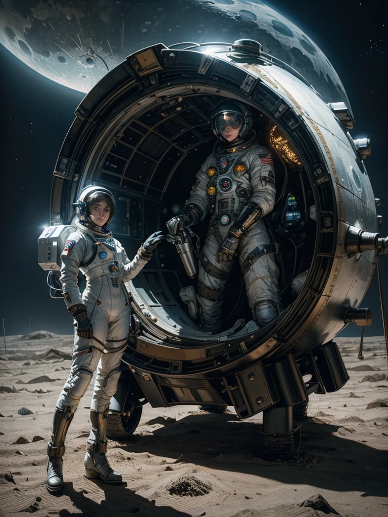 an epic scene,on the moon, A beautiful female Steampunk Astronaut is in front her moonrover on the moon,the earth is at the sky,photorealistic, ultrarealistic, high detailed, by Greg rutkowski and jean ansell ,shiny, she wear an astronaut suit with helmet different modelpositions, soviet,