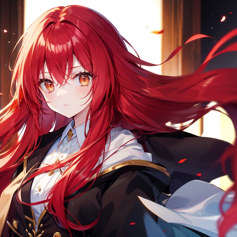 Long red hair, brown eyes