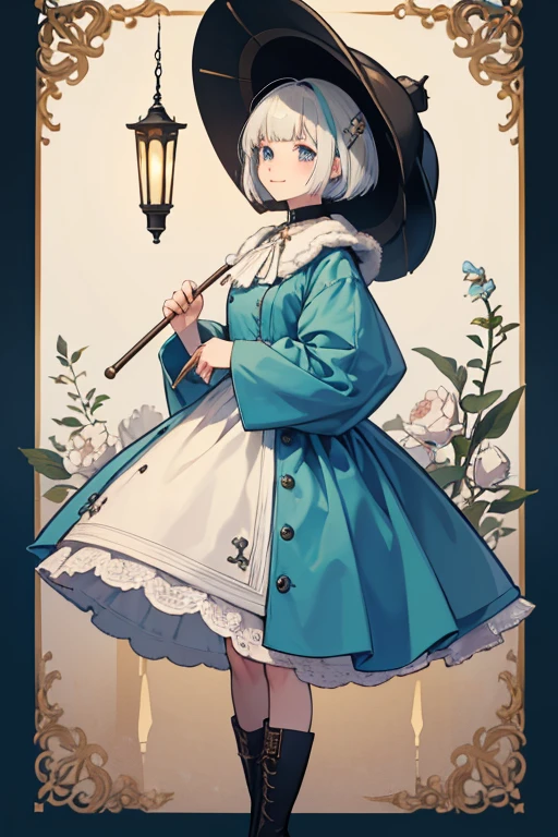 Cotton Cookie is a short Cookie with pale off-white dough and a small frame. She has short white hair styled in a bob with asymmetrical bangs shrouded by an oversized cotton hood. She has muted teal eyes and a small, hopeful smile. She wears a blue and brown dress with fur at the collar and hem of her dress; it also has repeating spade-like emblems. She fashions a cotton-shaped bonnet brandishing a black tie, and appears to be wearing deep black boots. She holds a crooked wooden cane covered in tufts of cotton, that of which has a butterscotch-colored bell and a vintage-style lantern. Overall, her appearance resembles that of a shepherd. GLITTER, JELLY