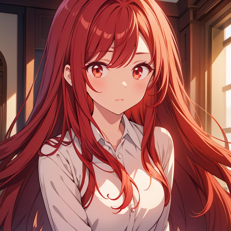 Long red hair, brown eyes 