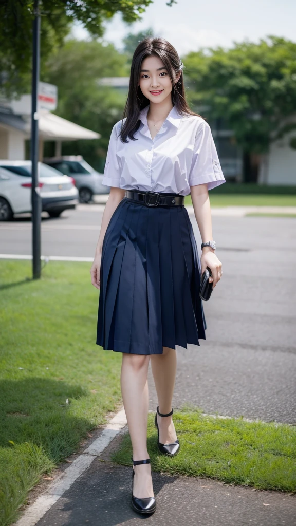 highest resolution, 8K, high definition, (((ผมlong))), Thai Students, Half Thai, half Japanese, half Korean., Age 18-25 years, Height 173 centimeters, (((stand, walk))), Beautiful face, แต่งBeautiful face, Double eyelids, red lips, smile at the corner of the mouth, beautiful eyes, Beautiful Woman, The texture is realistic., ((Slim white short-sleeved shirt, collar shirt)), ((big pleated skirt, dark blue, long, Close your legs completely.)), ((Navy blue skirt, พร้อมbeltผู้หญิง)), ((Huge breasts, Breast augmentation)), ((Symmetrical shape, sexy figure)), ((Thin, slim, small waist)), ((Black court shoes, Put on a watch, belt)), (((full body, Look at every part of the body.))), background, building, building, lawn, outdoor sports field, buildingเรียน