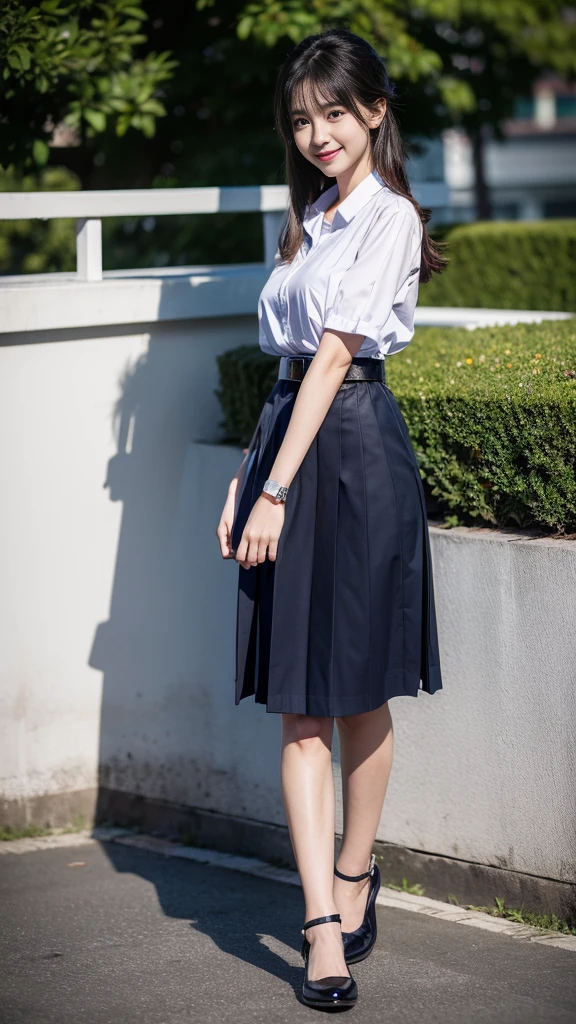 (((Shoulder bag)))、((Viewing angle from below、Highest quality、masterpiece、32k、Every detail))、Descend the outdoor stairs、commute、Systemic symptoms、Very tight camisole、Pleated skirt、(((A strong wind blows my hair and skirt away:1.62)))、((The shoulder strap of the bag is worn diagonally across the body.:1.4))、One Girl, alone、(((mini skirt, No underwear:1.22)))、Big Breasts、barefoot, High heels