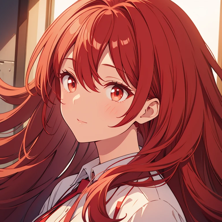 Long red hair, brown eyes