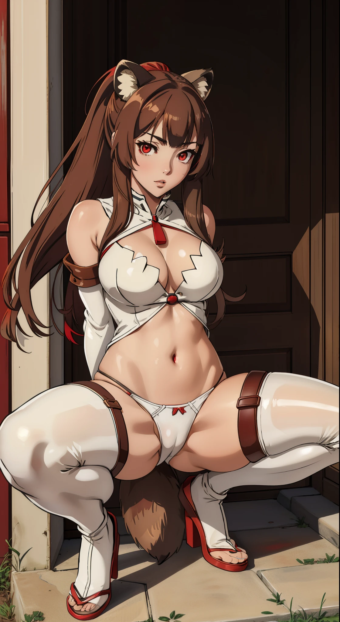 (masterpiece, highest quality), intricate details,
1 girl, Raphtalia, white panties、sexy,squatting down、Spread your legs and show off your panties、separate bodysuit、Leather Suit、beautiful thighs、beautiful navel、beautiful features、ponytail、spread legs,show white panties,animal ears, brown hair, long hair, raccoon ears, a racoon girl, raccoon tail, (red eyes:1.5), tail,
Hestia Cosplay, rei no himo,