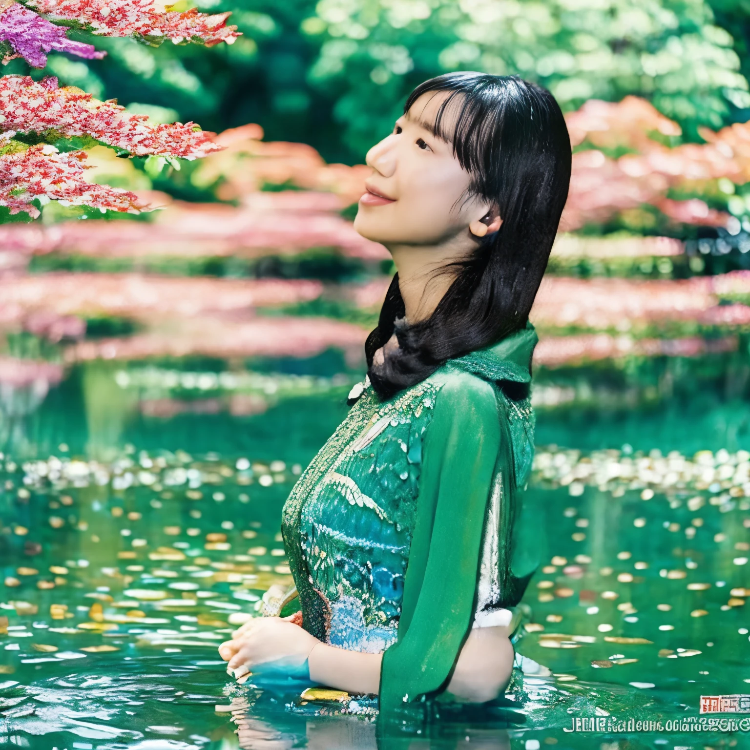 Prompt:"Create a vivid scene inspired by Japenese literature where a stunning Japenese woman, adorned in intricate Japanese accessories, graces Anodard Pool within the enchanting Japan Forest. Capture the essence of her beauty as she plays near the pond , bringing to life the magic and allure of this legendary setting."