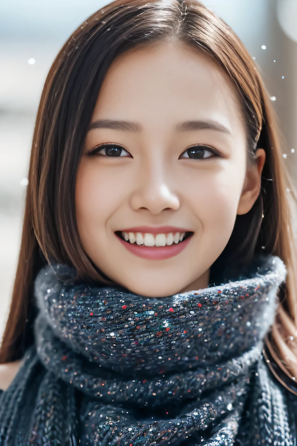 ((Show only the face、close up of face、no makeup))、(realistic、Photoreal、Super detailed、best detailed skins、highest quality、masterpiece、ultra high resolution)、cute japanese woman、17 years old、high school girl、young girl、1 girl、have bangs、double eyelid、drooling eyes、big black eyes、Japanese style face、smile、Charm、purity、clean face、double teeth、watch here、realistic肌タイプ、thick muffler、Grey muffler、fluffy hair、((hair is inside the scarf:1.3))、red cheeks、the wind is blowing、that&#39;It&#39;s snowing、illumination、Light is coming in from behind