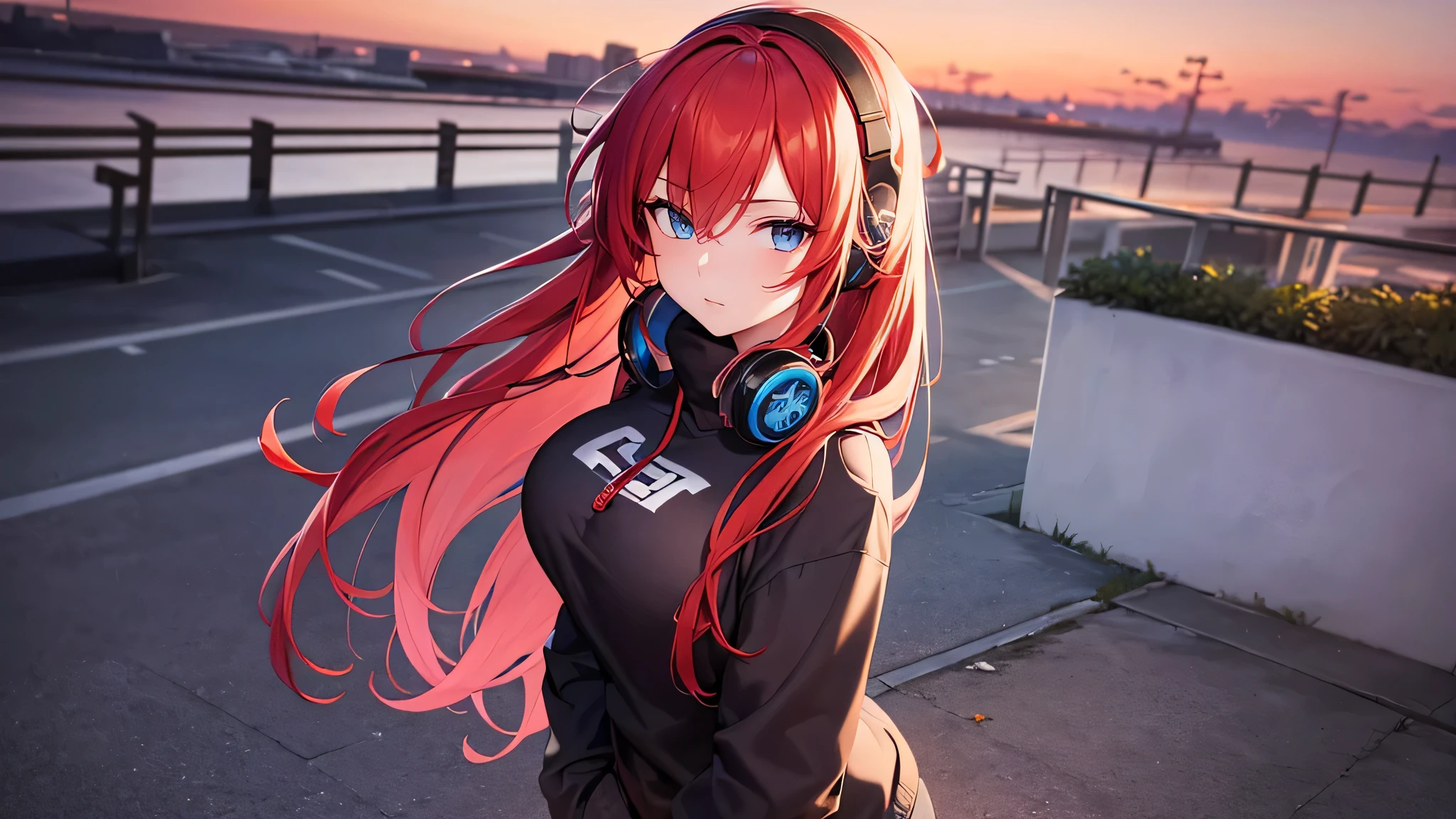 Um retrato completo altamente detalhado de uma , cabelo vermelho, olhos azuis detalhados, vestindo um moletom, cargo pants, medium breasts, coxas grandes, fones de ouvido, Standing looking at the camera, at sunset